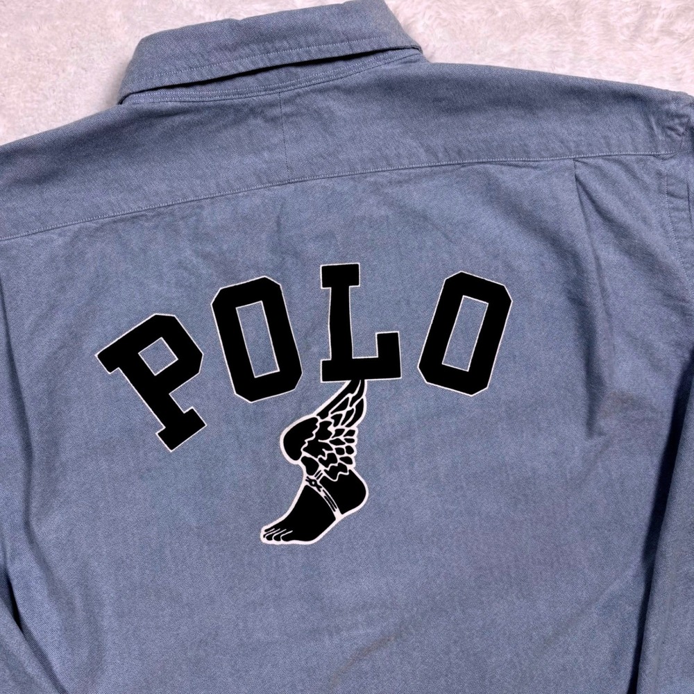 Polo Ralph Lauren Button Shirt Men XXL Blue Chambray P-Wing Tennis BIG Spellout